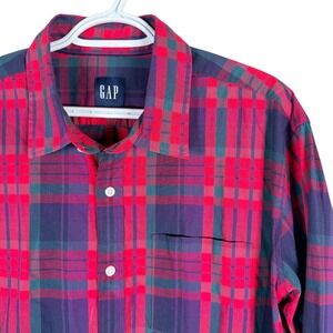 GAP Button Up Shirt Mens XL Red Purple Green Plaid Long Sleeve Stretch